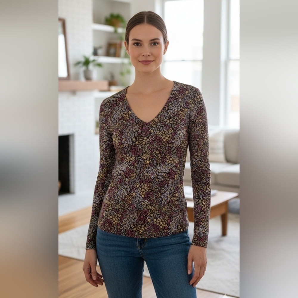 RW&CO Women's Multicolor Floral Print Long Sleeve V-Neck Top Size XS/S
